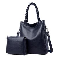 Fashion Woven Handle Soft PU Leather Casual 2 Set Women Bag Fashion Shoulder Bags Female Large Tote Bucket Shopping Handbag