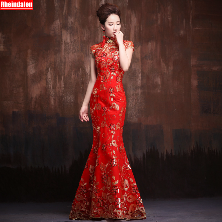 สีแดงจีนชุดแต่งงานหญิงยาวชุดกี่เพ้าแขนสั้น-slim-จีนชุดโบราณผู้หญิง-qipao-สำหรับงานแต่งงาน