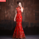 สีแดงจีนชุดแต่งงานหญิงยาวชุดกี่เพ้าแขนสั้น Slim จีนชุดโบราณผู้หญิง Qipao สำหรับงานแต่งงาน