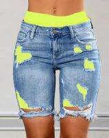 2023 Elegant Summer New Fashion Womens Colorblock Letter Print Ripped 2-In-1 Denim Skinny Shorts Female Casual Bottom