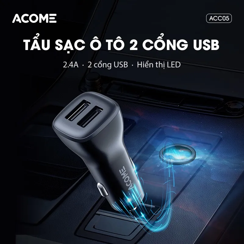 Cốc Sạc Ô tô ACOME ACC05 Đèn LED