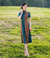 ฤดูร้อน R Mandarin Collar เซ็กซี่พิมพ์ Jacquard ซาติน A-Line Cheongsam ผู้หญิง Handmade ปุ่ม Qipao จีนทุกวัน Dress