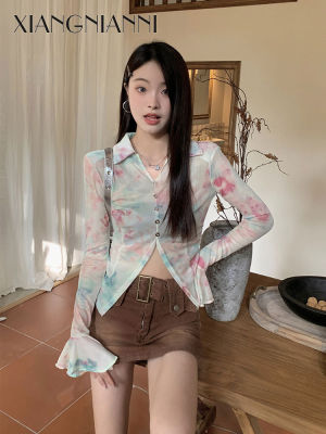 XIANG NIAN NI เสื้อเชิ้ตผู้หญิงสไตล์เกาหลี,เสื้อตาข่ายกันแดดย้อมสีเนคไทพิมพ์ลาย Cewek Seksi เข้ารูปหวานและเย็น