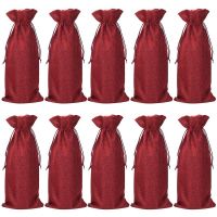 10Pcs Wine Bags, 13.7 x 5.9 Inches Hessian Wine Bottle Gift Bags with Drawstring (Wine Red)