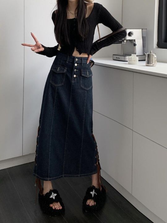 deeptown-วินเทจเอวสูงกระโปรงเดนิมยาวมีกระเป๋าทรงเอไลน์ปุ่มผ้าพันแผล-mode-korea-กางเกงยีนส์กระโปรงกึ่งสั้นกึ่งยาวสตรีทแวร์สาว