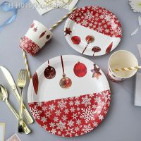 ☢ 10pcs Christmas party tableware disposable plate cups New Year party decomposable paper plate cake paper plate paper cup set