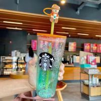 Starbuck ฤดูร้อนใหม่การ์ตูนตั้งแคมป์หมีแก้วสองชั้นประกอบถ้วยความจุขนาดใหญ่ถ้วยฟางถ้วยดื่ม