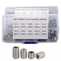 200pcs Hex Hexagon Socket Set Screw Flat Point Grub Screw Assortment Kit stainless steel M3M4 M5 M6 M8 Headless Set Screw DIN913 Nails Screws  Fastene