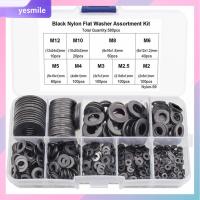 YESMILE 580Pcs M2 M2.5 M3 M4 M5 M6 M8 M10 M12 เครื่องซักผ้าไนลอน สีดำสีดำ 9ขนาด ปะเก็นสเปเซอร์กันรั่ว แหวนรองสกรู ชุดแยกประเภทเครื่องซักผ้าแบน การเชื่อมต่อไฟฟ้า