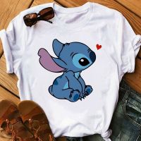 เสื้อยืดใหม่Disney Lilo Stitch Cartoon T-shirts Tops for Women Lady S-3XL Summer Female T-shirts White O-neck Ohana Stit  K71B