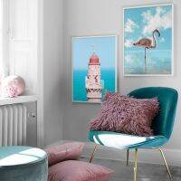 Pink Beacon Tower Flamingo Artwork, Seascape Nordic Wall Art Canvas,ภาพท้องฟ้านก,ตกแต่งบ้านสแกนดิเนเวีย,เหมาะสำหรับห้องนั่งเล่น,ห้องนอน,สำนักงาน