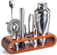 Mixology &amp; Craft Mixology Bartender Kit: 10-Piece Bar Set Cocktail Shaker Set with Stylish Mahogany Stand | Perfect Home Bartending Kit with Bar Tools and Martini Shaker for Foolproof Drink Mixing (Silver)