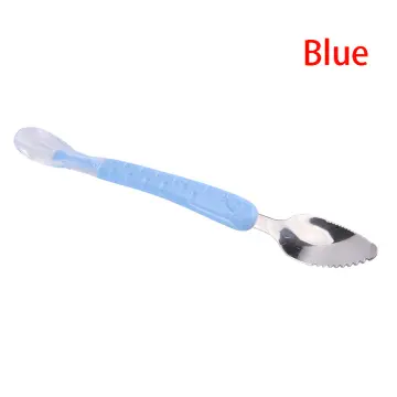 1 Set Eco-friendly Scraping Baby Spoon Double-headed Serrated Edge PP  Handle Stainless Steel Fruit Feeding Spoon for Dessert