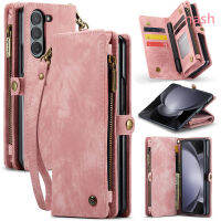 เคสโทรศัพท์กันกระแทกสำหรับ Samsung Galaxy Z Z Fold5แบบไม่ติดลายนิ้วมือปกหนังการ์ดยืดสล็อตเงินสดที่รองรับตัวดูดแม่เหล็กชาร์จไร้สายสายคล้องมือ