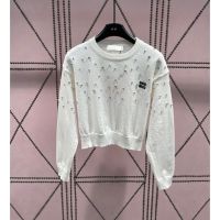 [FREE SHIPPING]MIU Studded Diamond Stripe Round Neck Pullover Long Sleeve Knitted Top Womens Embroidery Letter Knit Shirt