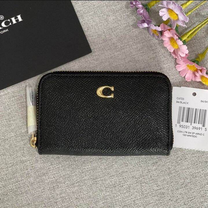 Coach C6723 Small Zip Around Card Case in Black Crossgrain Leather Unisex Slim Card Case
