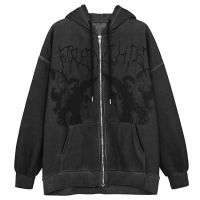 [Hot]2022ผู้หญิง Hip Hop Streetwear Hoodies ผู้หญิง Zip Up Hoodie Angel Dark พิมพ์เสื้อแจ็คเก็ต Goth Harajuku Y2k เสื้อผ้า