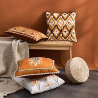 India Bohemian National Style Cushion Cover 45*45cm Retro Throw Pillowcase Orange Geometric Printing Throw Pillows Case with Tassels Decorative Pillows for Luxury Sofa Waist Pillowcase