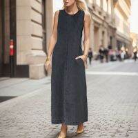 Plus ขนาดกระเป๋าแขนกุด Denim ผู้หญิงหลวม O คอ Vintage Maxi เดรสฤดูร้อนหญิง Streetwear Vestidos Y2k