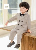 Cute Baby suit สูทเด็กเล็ก สูทเด็กอ่อน ชุดไปงาน สีครีมลายตาราง สีเบจ เซท 3 ชิ้น เสื้อสูท+เสื้อกั๊ก+กางเกง ขนาด 80, 90, 100 หรือ 5, 7, 9 (1 ถึง 24 เดือน)