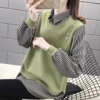 COD DSFDGDFFGHH Splicing Top womens Autumn new thin knitted shirt loose outer wear fake two-piece large size t shirt