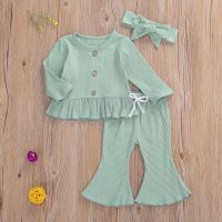 Newborn Baby Girl 3Pcs Clothes Autumn Winter Knitted Casual Outfits Long Sleeve Buttons Ruffle Top + Long Flared Pant + Headband  by Hs2023