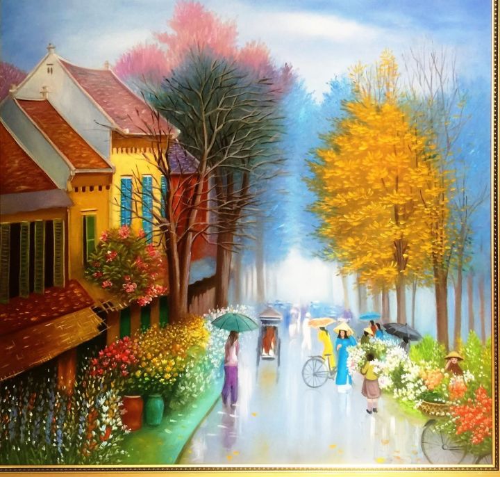 Tranh phố cổ phong cảnh hoa lá cây đào cây mai ngày tết đến xuân về trên  chợ tặng kèm khung tranh trang trí free 