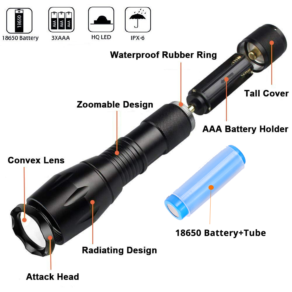 10Pcs Tactical 3 Modes T6 Zoomable Led 18650 Flashlight Torch Light Aluminum 