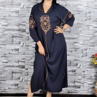 ；【‘；- Embroidery Elegant Retro Muslim Long Skirt Morocco Dubai Robe Long Sleeve Vintage Abaya Islam Turkey Long Dress Lapel Clothes