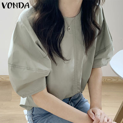 (จัดส่งฟรี)Fancystyle VONDA เสื้อเบลาส์ลำลองของผู้หญิง,เสื้อสีพื้นคอกลมแฟชั่นแขนพองมีจีบ