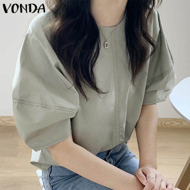 จัดส่งฟรี-fancystyle-vonda-เสื้อเบลาส์ลำลองของผู้หญิง-เสื้อสีพื้นคอกลมแฟชั่นแขนพองมีจีบ