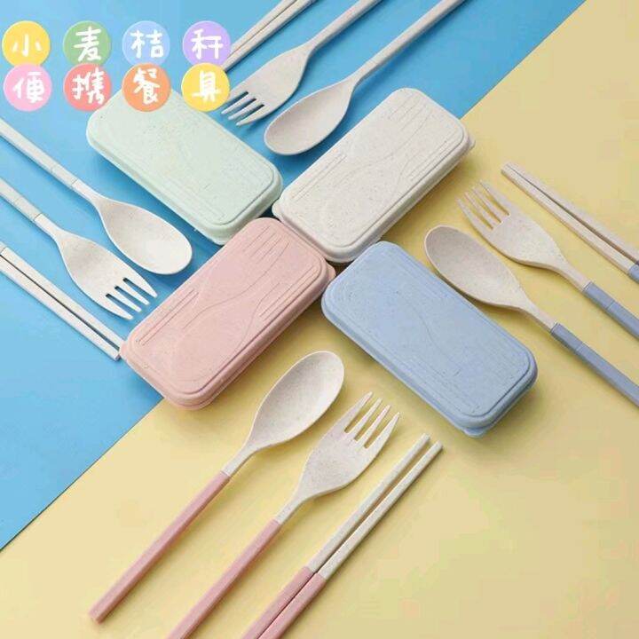 Spoon and Fork Chopstick 3 in 1 Set Portable Wheat Straw Reusable Spoon