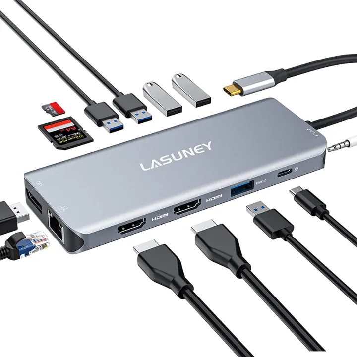 Lasuney Triple Display In USB C Hub With HDMI DP PD Ethernet SD TF Card Reader