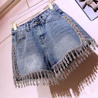 High End Rhinestone Fringed High เอว Denim กางเกงขาสั้นแฟลช Wimen S High-End เพชรพู่สั้นกางเกงยีนส์ร้อนกางเกง2023 Traf ฤดูร้อน...