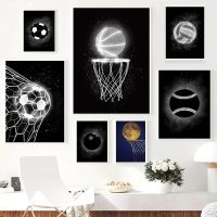 Neon Black and White Basketball Soccer Volleyball Poster Canvas Painting Nordic Sports Wall Art Picture Kids Room Gym Decor