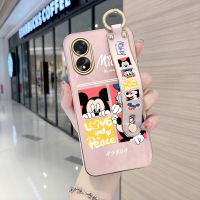 เคสใส่โทรศัพท์สำหรับ OPPO A18 A38 (มีสายรัดข้อมือ) ขอบสี่เหลี่ยมนิ่มลายการ์ตูน (มิกกี้มินี่) เคสชุบเคสโทรศัพท์สุดหรูชุบเคลือบเคสโทรศัพท์นิ่ม