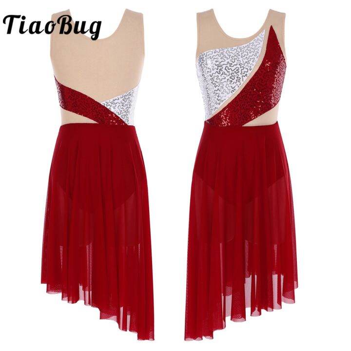 Lyrical Dance Dress Women Asymmetrical Chiffon Sequin Ballet Costume