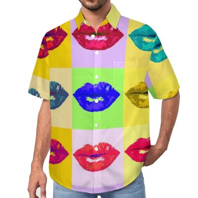 เสื้อฮาวายพิมพ์ลายเสื้อเชิ้ตลำลอง4XL 3XL สำหรับผู้ชายเสื้อพิมพ์ลายศิลปะป๊อปจูบปากหลากสีเสื้อเชิ้ตชายหาด