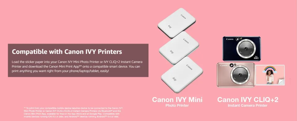 Canon Ivy 2 Mini Photo Printer, Print from Compatible iOS & Android  Devices, Sticky-Back Prints, Blush Pink & Ivy Zink Pre-Cut Circle Sticker  Paper, 20 Sheets & Zink Photo Paper Pack, 50