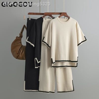 2023 Hot■ GIGOGOU เสื้อยืดทรงหลวม2ชิ้นสำหรับผู้หญิงชุดวอร์มแฟชั่นแขนสั้นแบบถักกางเกงผู้หญิงระบายอากาศได้ดี