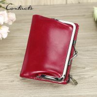 【JH】CONTACTS Kiss Lock Wallets for Women Genuine Leather Short Fashion Womens Purses Metal Frame Card Holder Coin Purse Money Clip