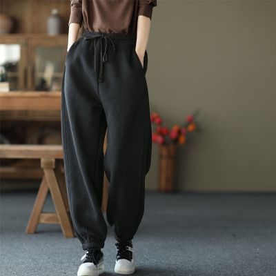 Winter New Style Brushed Thickened Sweatpants R Solid Color Women Harem Pants Lace-Up Elastic Waist Casual Sports
