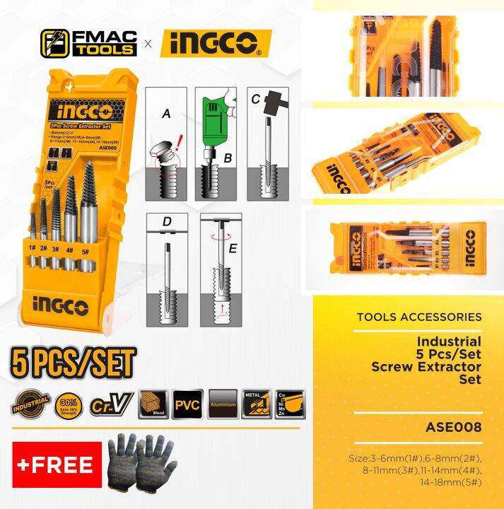 INGCO Industrial 5 Pcs/Set Screw Extractor SET ASE008 + FREEBIES FMAC TOOLS Lazada PH