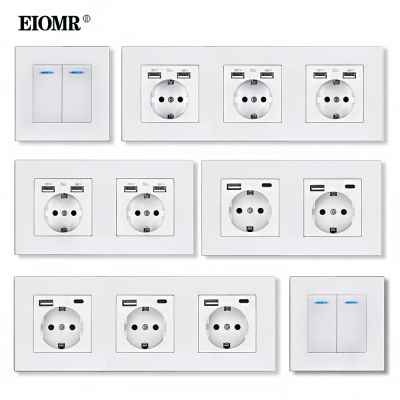 ❀▽∏ EIOMR EU Wall Switches Sockets Flame Retardant PC Panel USB 5V 2.1A for Phone Charging Power Sockets 16A 220V White Wall Outlets