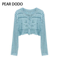 PEAR DODO เสื้อคาร์ดิแกนแขนยาวแขนสั้นคอกลมถักกลวงสำหรับผู้หญิงเกาหลี