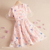 COD SDFGERGERTER Childrens Clothing 5 Girls Square Neck Chiffon Lace Dress 6 Girls Korean Style Fashion Print Princess Dresses 2-12 Years Old Girls Clothes