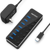 Powered USB Hub RSHTECH Type C to 7 Port USB 3.0 Data Port Hub Expander Aluminum Portable Splitter with Universal 5V AC Adapter and Individual On/Off Switches for Laptop and PC(Black) 7 Port USB C to USB 3.0 Hub