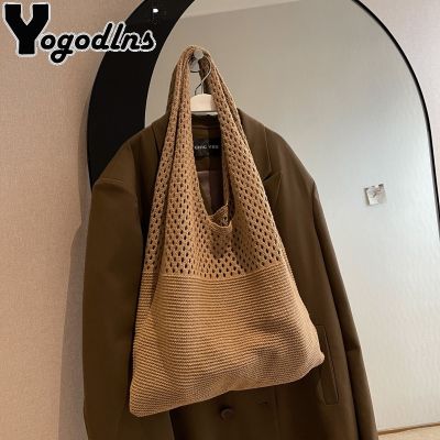 ☬ Yogodlns Casual Hollow Woven Shoulder Bag Womens Large Capacity Handbags Braid Tote Bag