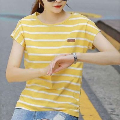 COD DSFDGDFFGHH Summer New Womens T-shirt Short-sleeved Round Neck Striped Student Large Size Thin Loose All-match Blouse