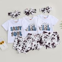 FOCUSNORM 3pcs Infant Baby Girls Boys Clothes Sets 0-24M Short Sleeve Letters T-shirt Cow Print Shorts with Hairband  by Hs2023